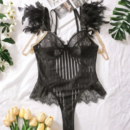 بادی فانتزی زنانه مدل پر دار راه راه 1044