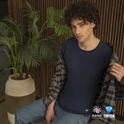 تیشرت نانو آنتی باکتریال ضدتعریق مردانه یقه گرد سورمه ای