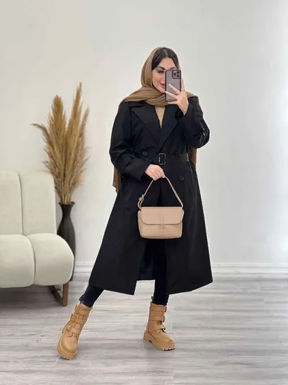 بارانی بلند چهاردکمه کمردار