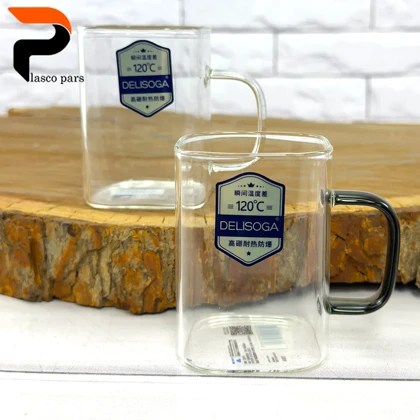 لیوان پیرکس مربع کوتاه دسته رنگی