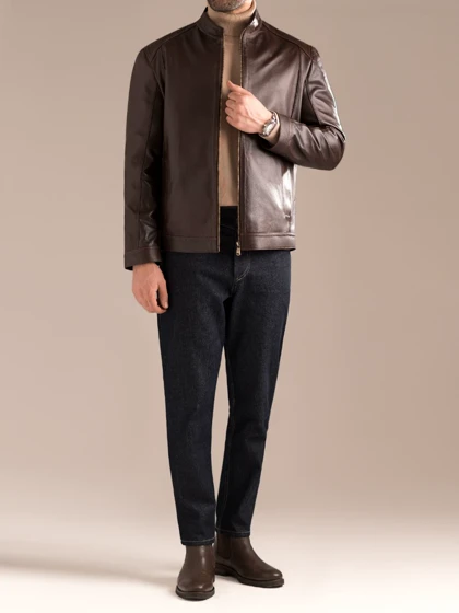 کاپشن چرم طبیعی قهوه ای کارلوتی کد j197