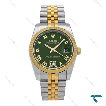 ساعت مردانه Rolex دورنگ طلایی صفحه سبز ایندکس یونانی Rolex-7154-G