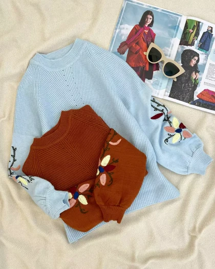 پلیور بافت استین گلدوزی 2 رنگ کد 5460