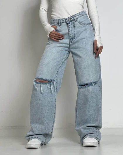 شلوار فول بگ زانو زاپ آبی روشن کد 1000204