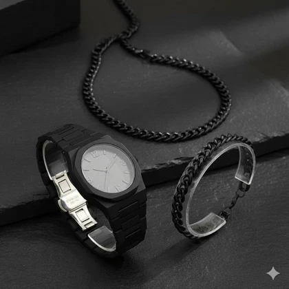 ست مردانه ساعت و دستبند و گردنبند solid black-مشکی ویژه