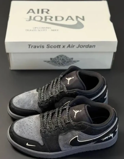 کتانی ویتنامی نایک ایر جردن وان لو استوسی کاستوم مشکی طوسیNike Air Jordan 1 Low Stussy Custom blackGrey
