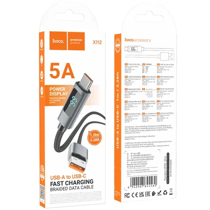کابل تایپ سی هوکو Hoco مدل X112 جریان 5 آمپر 1 متر با نمایشگر LED