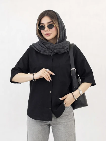شومیز لینن آستین کوتاه دوجیب