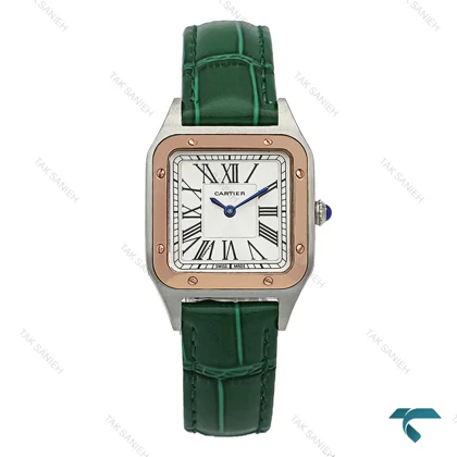 ساعت زنانه کارتیه سانتوس دومونت دو رنگ رزگلد بند چرم سبز Cartier-7302-L