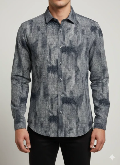 پیراهن مردانه آستین بلند کنفی طرحدار سورمه ای کد 1002