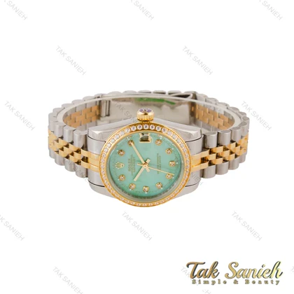 ساعت رولکس زنانه دورنگ طلایی دورنگین صفحه فیروزه ای Rolex-4848-L