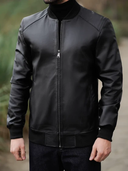 کاپشن چرم طبیعی مشکی j151