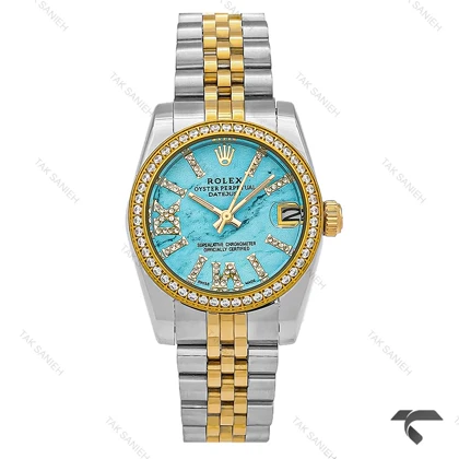ساعت رولکس زنانه دورنگ طلایی پررنگین صفحه فیروزه ای Rolex-9859-L