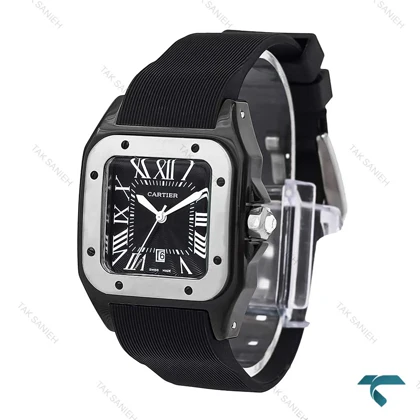 ساعت کارتیه سانتوس 100 زنانه مشکی نقره ای بند رابر Cartier-6367-L