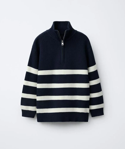 پلیور نیم زیپ راه راه سفید سرمه ای Zara252