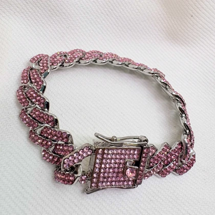 دستبند چین فول نگین صورتی | قفل کتابی