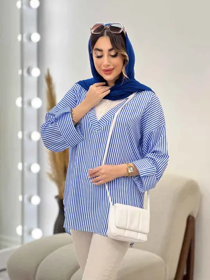 شومیز راه راه ترکیبی جلو بسته