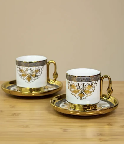 ست قهوه خوری شش نفره طرحدار دسته طلایی