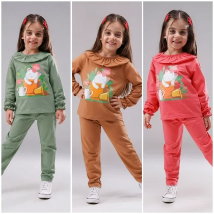 بلوز شلوار دخترانه طرح گربه و گلدون سایز 40 تا 55