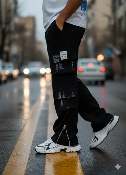 شلوار کارگو شش جیب پایین زیپ مدل sami-مشکی