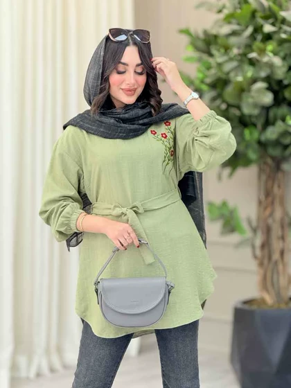 مانتو گلدوزی جلوبسته کمردار