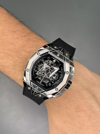 ساعت مچی اوبلو کهکشانی قاب نقره ای بند رابر مشکی Hublot Spirit of Big Bang Sang Bleu