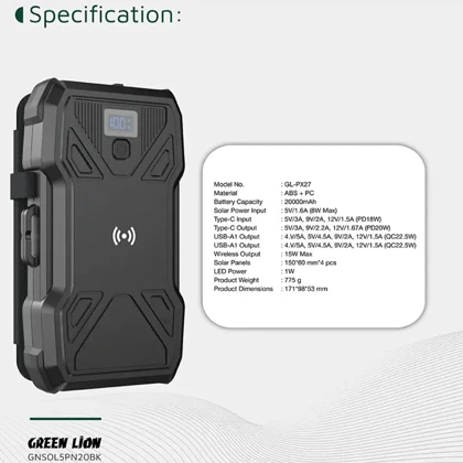 پاور بانک 20000 وایرلس خورشیدی گرین لاین GNSOL5PN20BK توان 22.5 وات