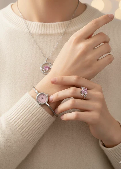 ست زنانه ساعت و گردنبند و انگشتر مدل ماه و ستاره-نقره ای ویژه