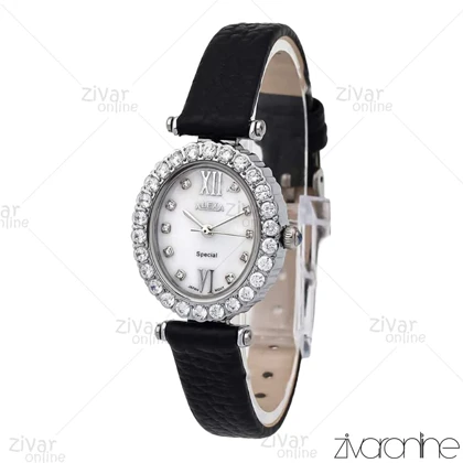 ساعت الکسا اسپشیال A2008 زنانه قاب سیلور دور نگین بند چرمی 106218