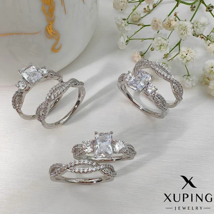 ست حلقه و پشت حلقه نقره‌ای زنانه با نگین مربعی Xuping