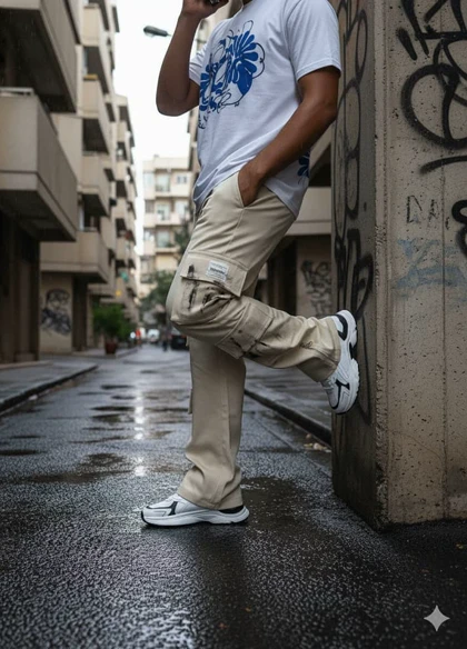 شلوار کارگو شش جیب پایین زیپ مدل sami-کرم