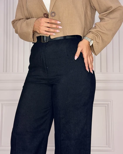 خرید شلوار بگ مخمل کبریتی مشکی زنانه سایز بندی 40 تا 48 قد 107 Women's Black Corduroy Baggy Pants کد 914105