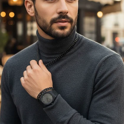 ست مردانه ساعت و دستبند و گردنبند solid black-مشکی