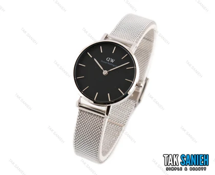 ساعت دنیل ولینگتون زنانه بند حصیری نقره ای صفحه مشکی اسمال Daniel-2215-L