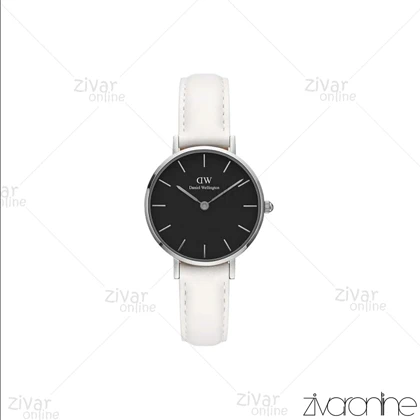 ساعت دنیل ولینگتون زنانه قاب سیلور صفحه مشکی بند چرم سفید 104913