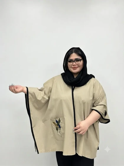 مانتو پانچی سایز بزرگ زنانه لینن جیب گلدوزی برند بیگ سایز