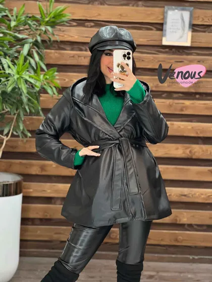 پالتو چرم عروسکی کلاهدار