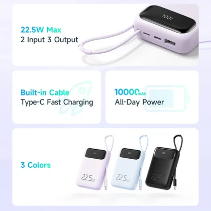 پاوربانک 10000 تایپ‌سی و USB-A توان 22.5 وات مک‌دودو MCDODO MC-324 با کابل تایپ‌سی متصل و نمایشگر دیجیتالی