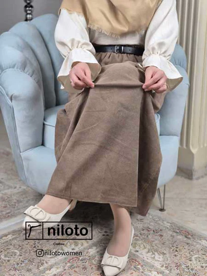 دامن مخمل کبریتی بلند با کمربند (5505)