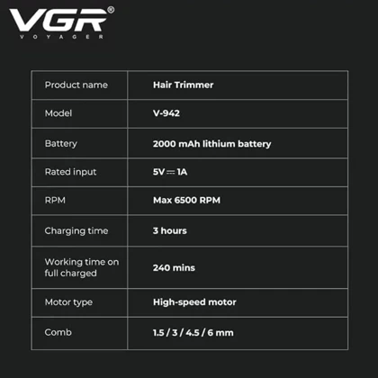 ماشین اصلاح موی سر و صورت وی جی آر VGR مدل V-942 با موتور 6500 دور حرفه ای