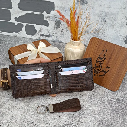 ست هدیه چرم کیف پول چرم جیبی مردانه چرم طبیعی 2لت طرح لیزارد