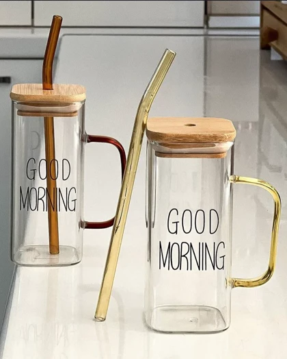 لیوان اسموتی درب چوبی دسته طلایی good morning