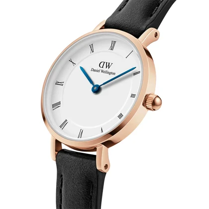 ساعت DW زنانه بند چرم رزگلد مشکی صفحه سفید ایندکس یونانی DW-5507-L