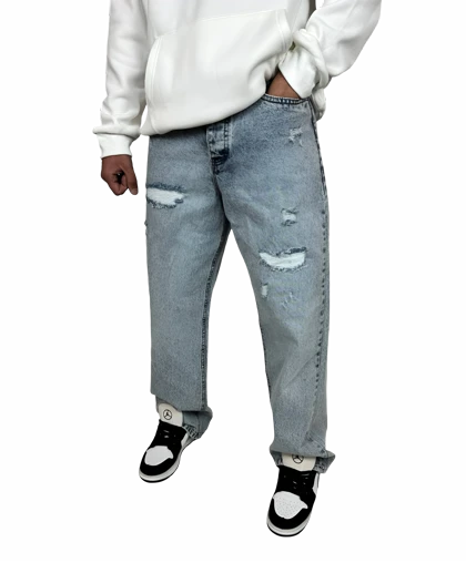 شلوار جین مردانه بگ فیت (Baggy Fit) - رنگ آبی یخی زاپ‌دار - فیت لش