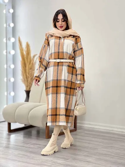 پیراهن بلند چهارخونه آستین پیله