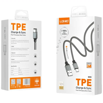 کابل شارژ تایپ سی الدنیو LDNIO مدل LS442 جریان 2.4 آمپر 2 متر