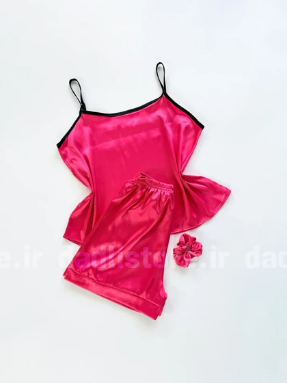 ست لباس خواب تاپ و شورتک ساتن ساده سرخابی
