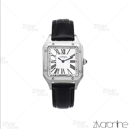ساعت کارتیر مدل سانتوس دومونت قاب نقره ای بند چرم مشکی مدیوم 106096