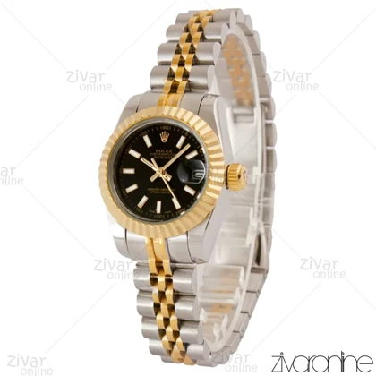 ساعت رولکس دیت جاست زنانه طلایی نقره ای صفحه مشکی اسمال 105035