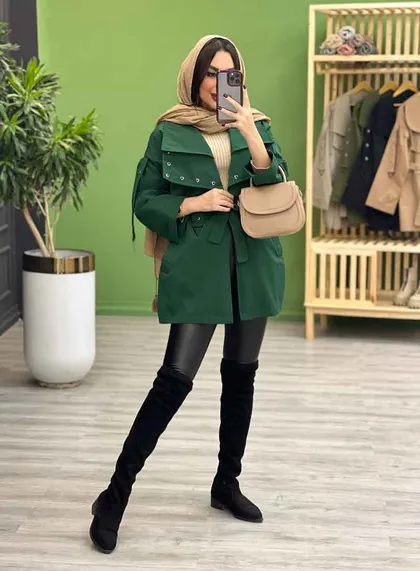 بارانی آستین و یقه پرچ دار